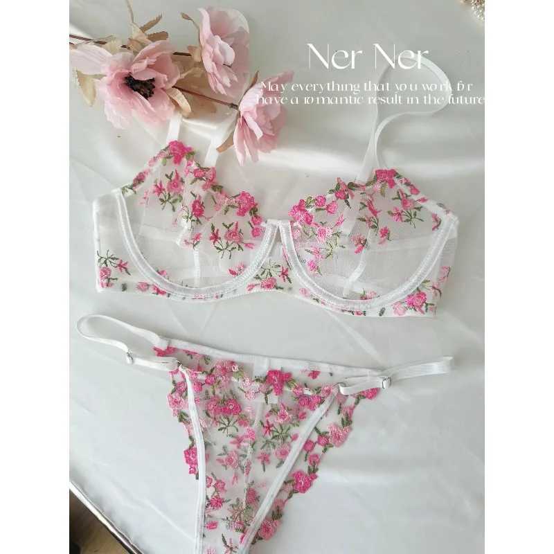 Kawaii Japanese Lingerie Set Sheer Tulle Pink Floral Embroidery Bra Bralette Pure Matching Set BANERDANNI Tushy Bras Z260402