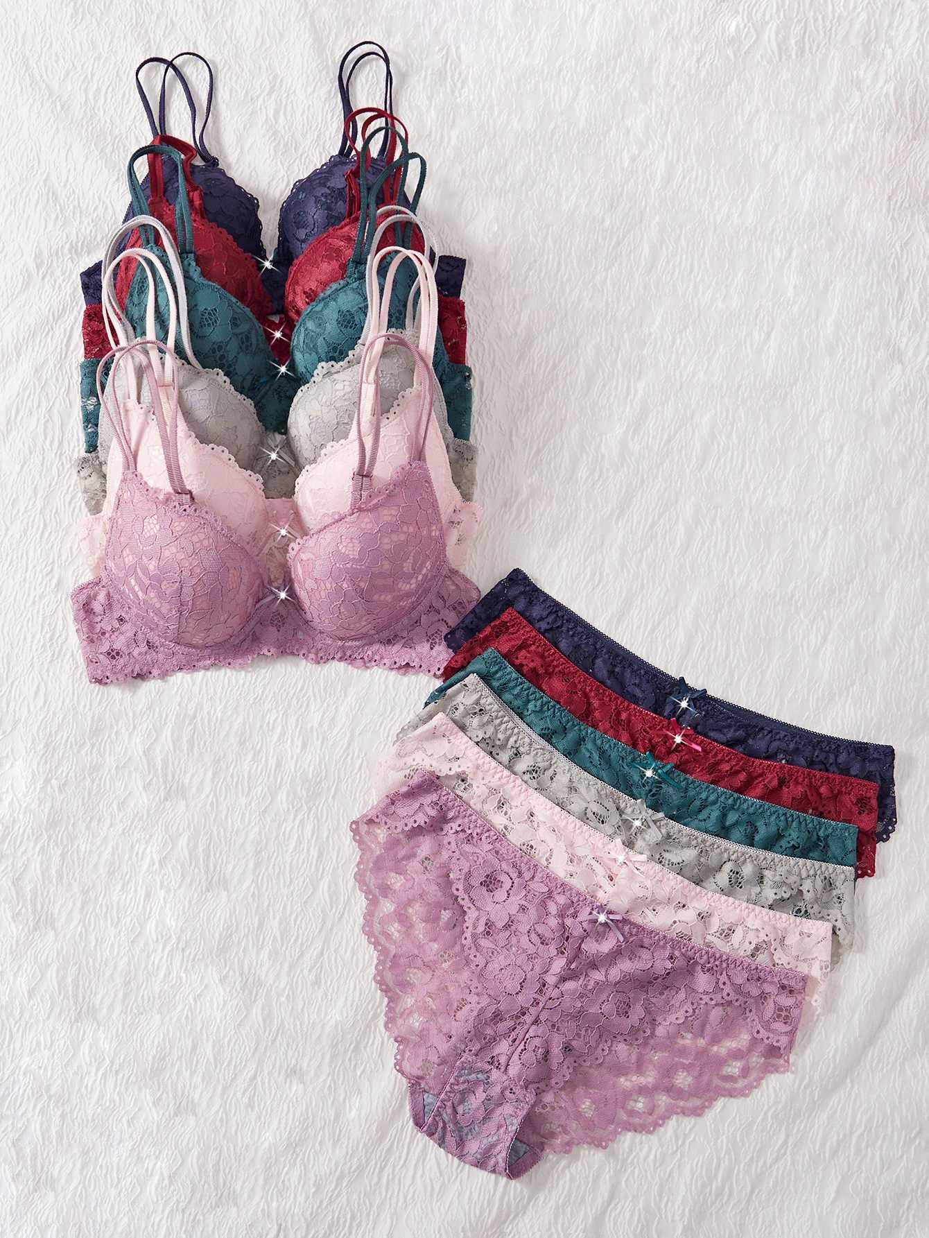 6-Piece Set Womens Bra and Panties Set Patterned Lace Patchwork No Lining Comfortable Fitting Womens Push up Bra Womens Underwear Set Z260402