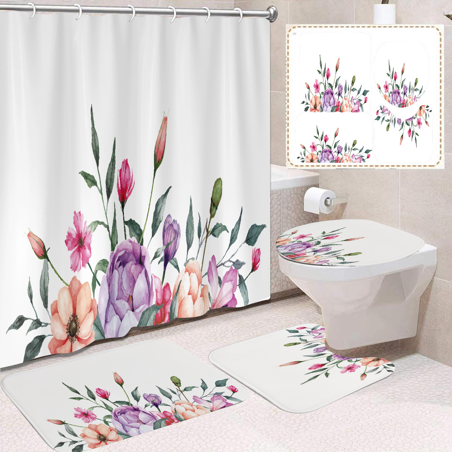 YL-38428 Floral Shower Curtain and Mat Set (4 Pieces) - Bathroom Dry and Wet Separation, Toilet Isolation Curtain, Modern Minimalist Style