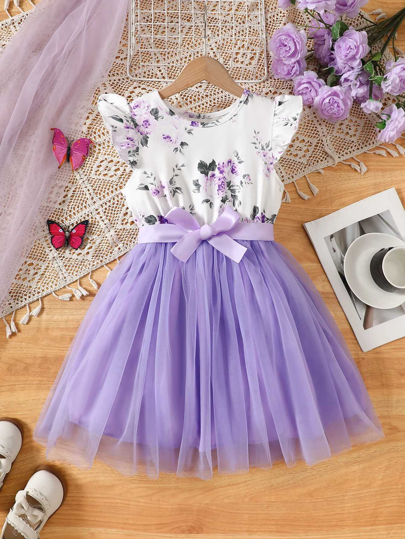 Girls Casual Fashion Knitted Sleeveless Round Neck Flying Sleeves Ruffled Flower Digital Printed Mesh Dress Holiday Beach Party Gift with Ribbon H2604