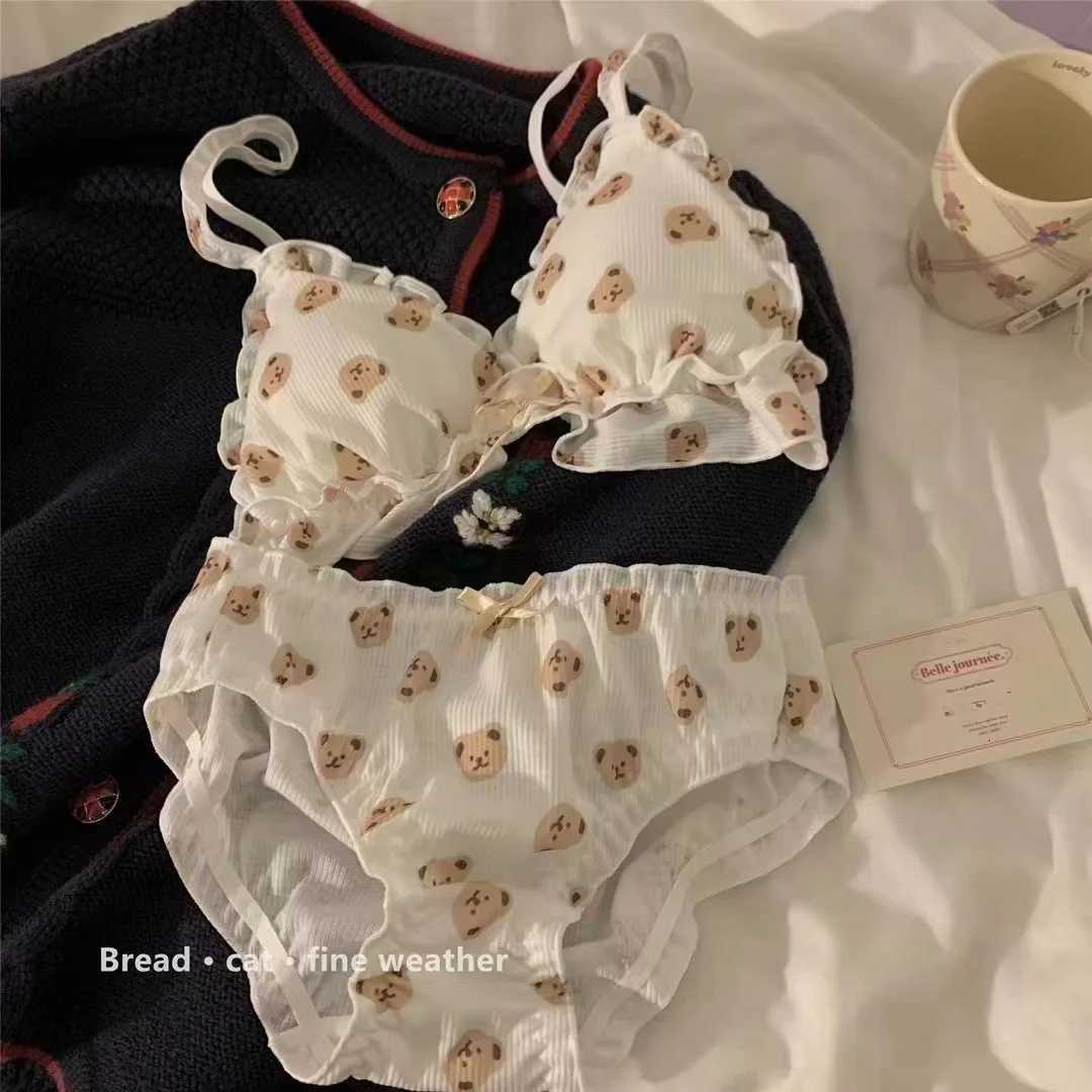 Japanese cute bear cartoon underwear small chest pull up on top of pure wind girl sweet bow bra Z260402