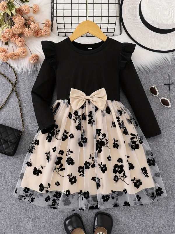 Spring Autumn Infant Toddler Girls round Neck Fly Sleeve Splice Flower Print Tulle Casual Dress for Baby Girls H260402
