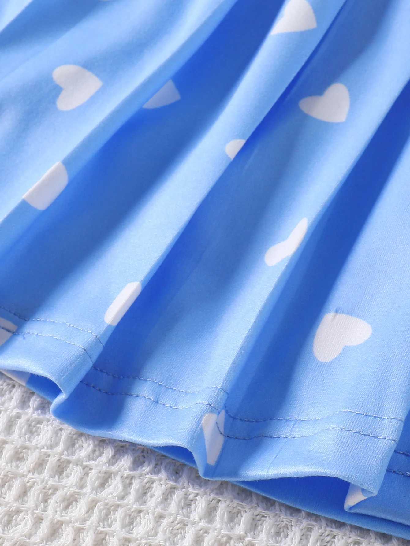 Baby Girl Blue Polo Dress with White Heart Print Short Sleeve Collared Pleated Dress for Toddlers H260402