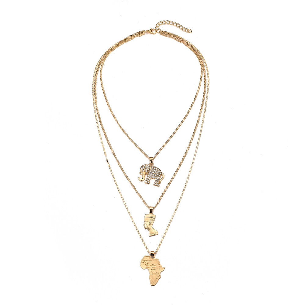 Anniyo 3Pieces Ankh Nefertiti Africa Map Pendant Necklaces Gold Color Wedding Birthday Party Ethnic Jewelry Women Men #256306 240802