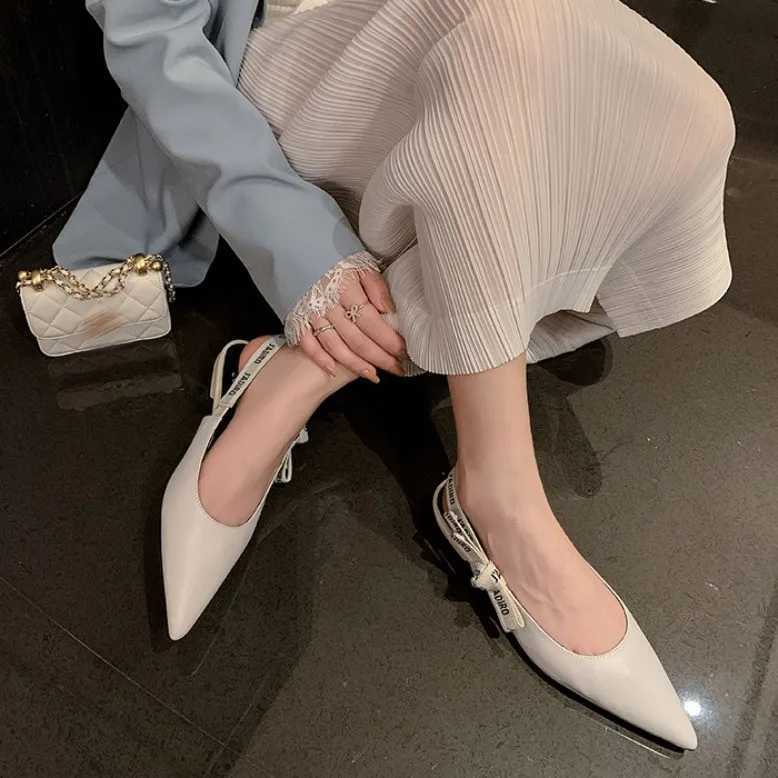 New Summer Low Block Heel Suede Pointed Toe Low-Cut Flats with Letter Back Strap Closed-Toe Sandals H260402