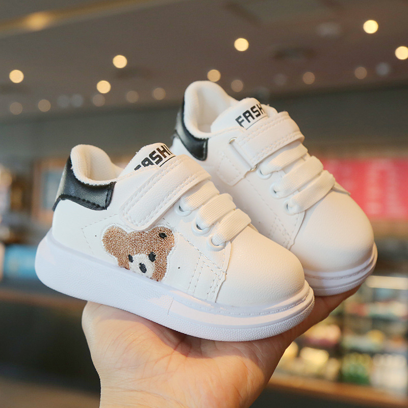 Toddler Cute Cartoon Bear Shoes Kids Non Slip White Casual Sneakers Loop Board Classic White Sneaker for Versatile Style Daily Wear Free Shipping size