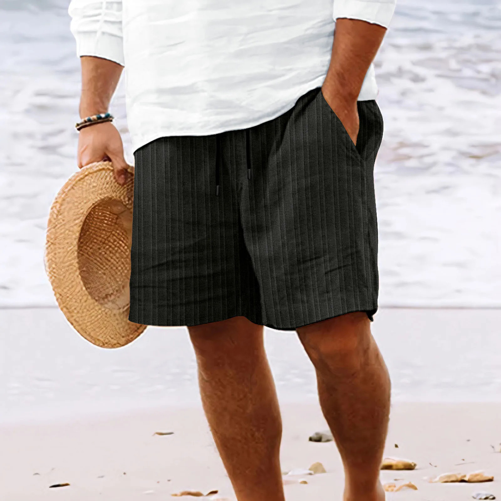 Cotton Linen Shorts Multi-bag Style Tethered Mens Striped Beach Pants 260401