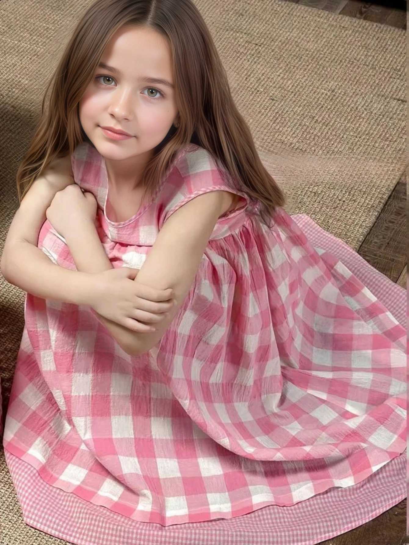 Summer Korean-Style Checkered Dress for Girls Pink White Grid Sleeveless Long Dress with Patchwork Hem Loose Fit Daily Wear H260402