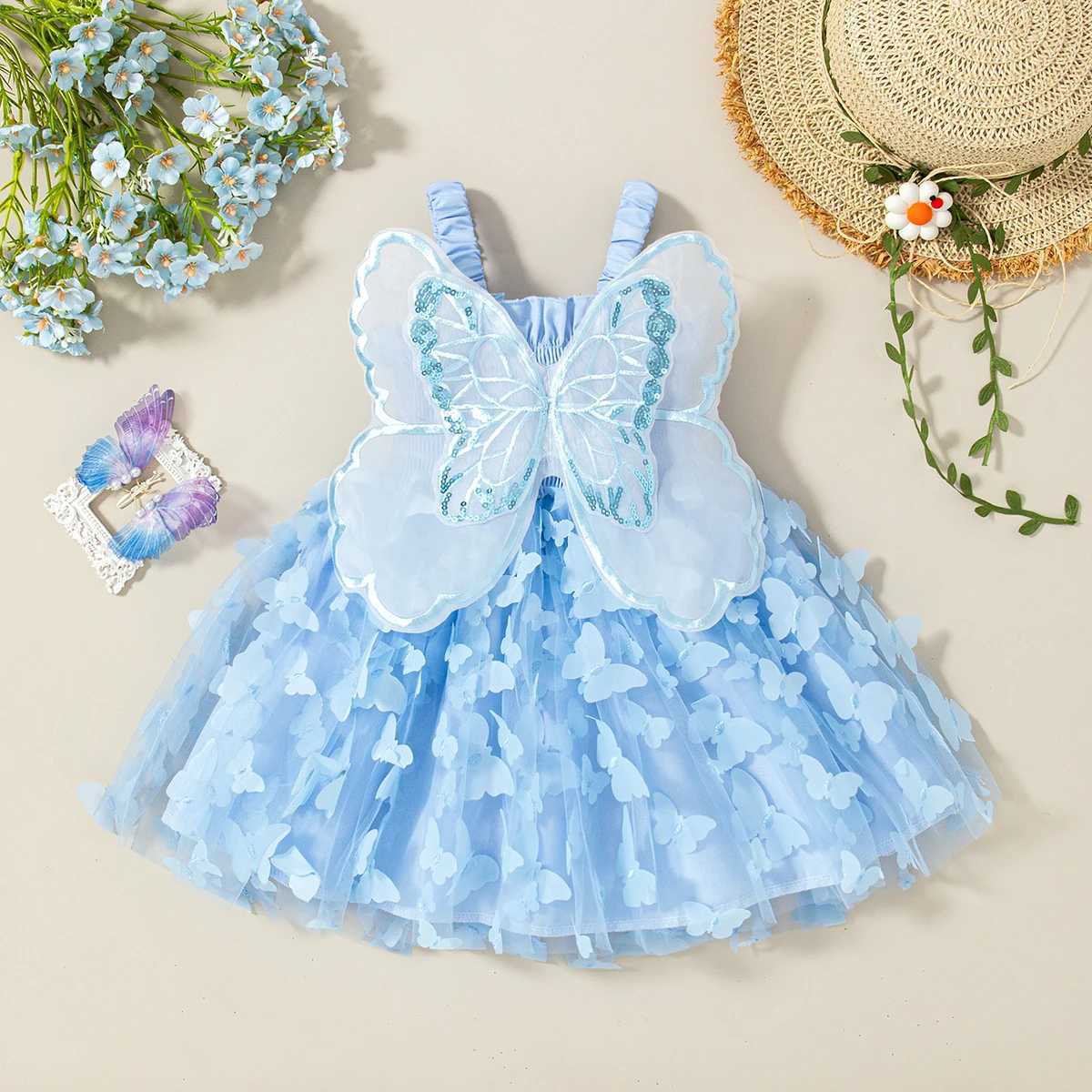 Summer New Baby Girl Suspender Dress Solid Color Butterfly Wing Gauze Dress Childrens Birthday Party Dress H260402