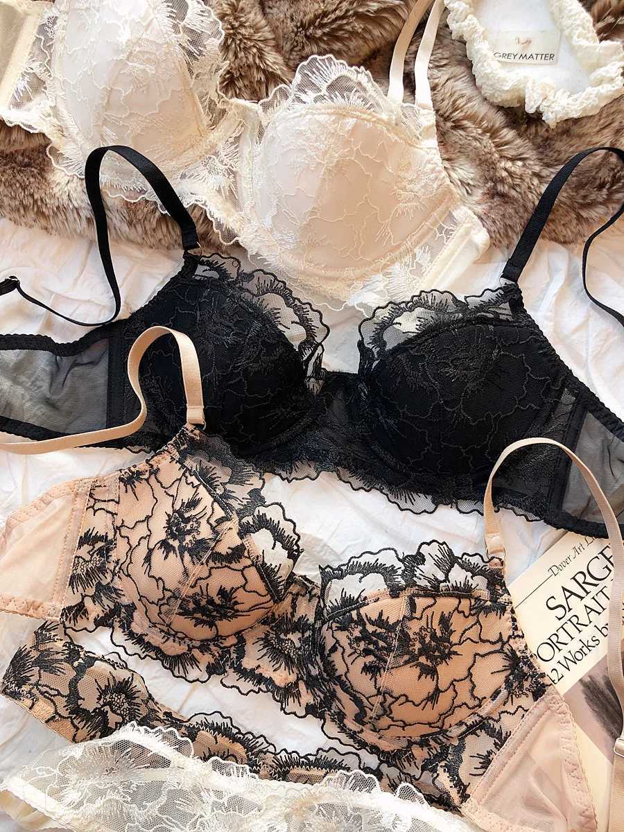Lace Flowers Embroidery Bra Set Thin 3/4 Cup Push Up Lingerie For Women Summer Breathable Comfort Brassiere Underwear Sets Z260402