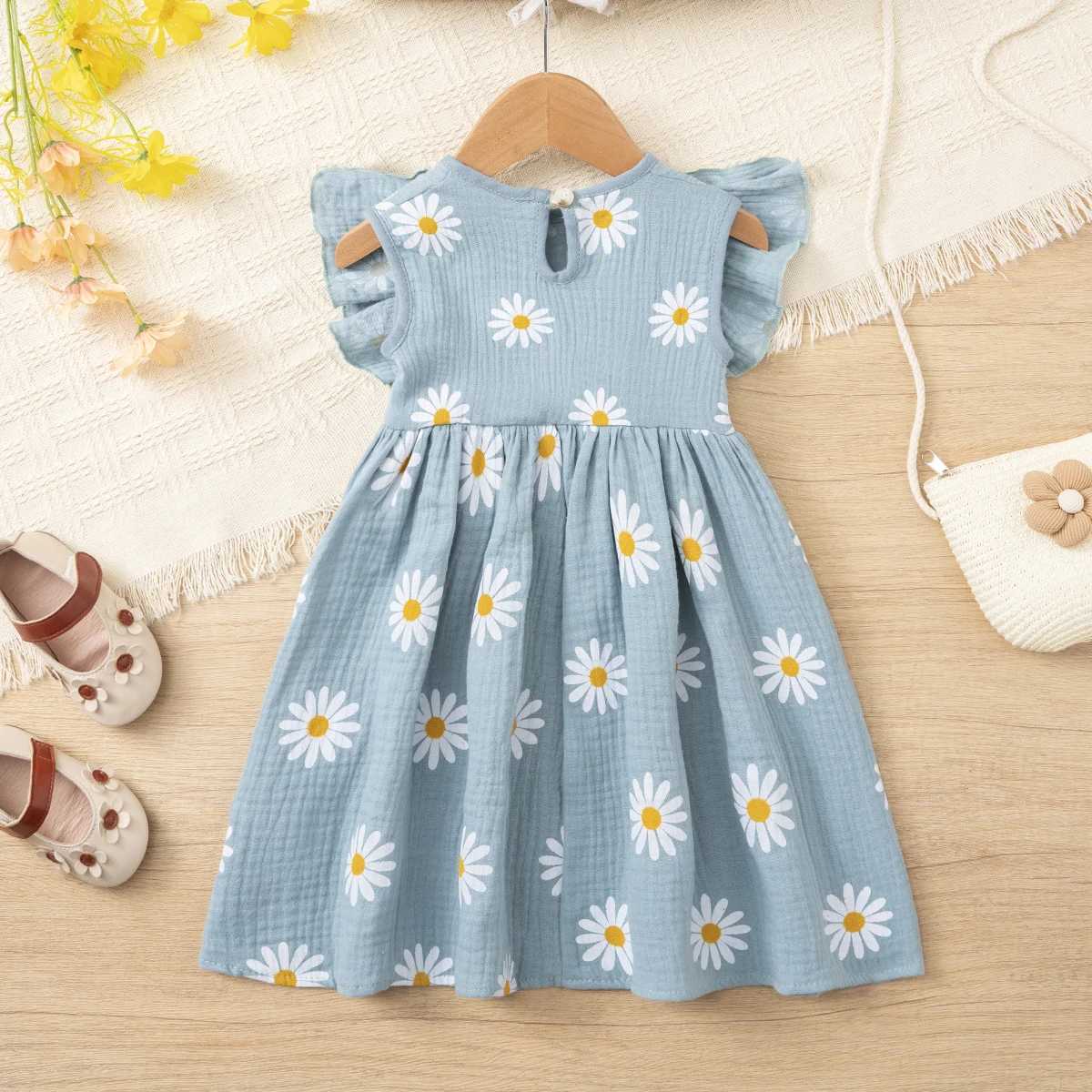 Girls summer daisy print dress cotton muslin sweet bowknot dress ruffle sleeve breathable lightweight dress H260402