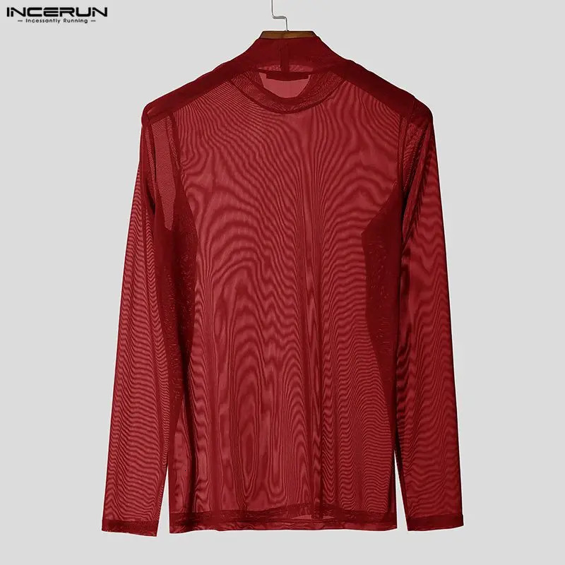 INCERUN Men T Shirt Mesh Long Sleeve See Through Turtleneck Male Tee Tops Sexy Streetwear Fashion Casual Men Clothing Solid 260402