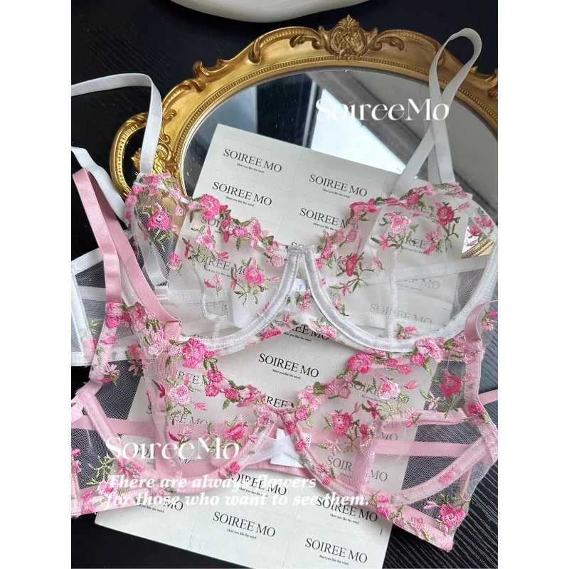 Kawaii Japanese Lingerie Set Sheer Tulle Pink Floral Embroidery Bra Bralette Pure Matching Set BANERDANNI Tushy Bras Z260402