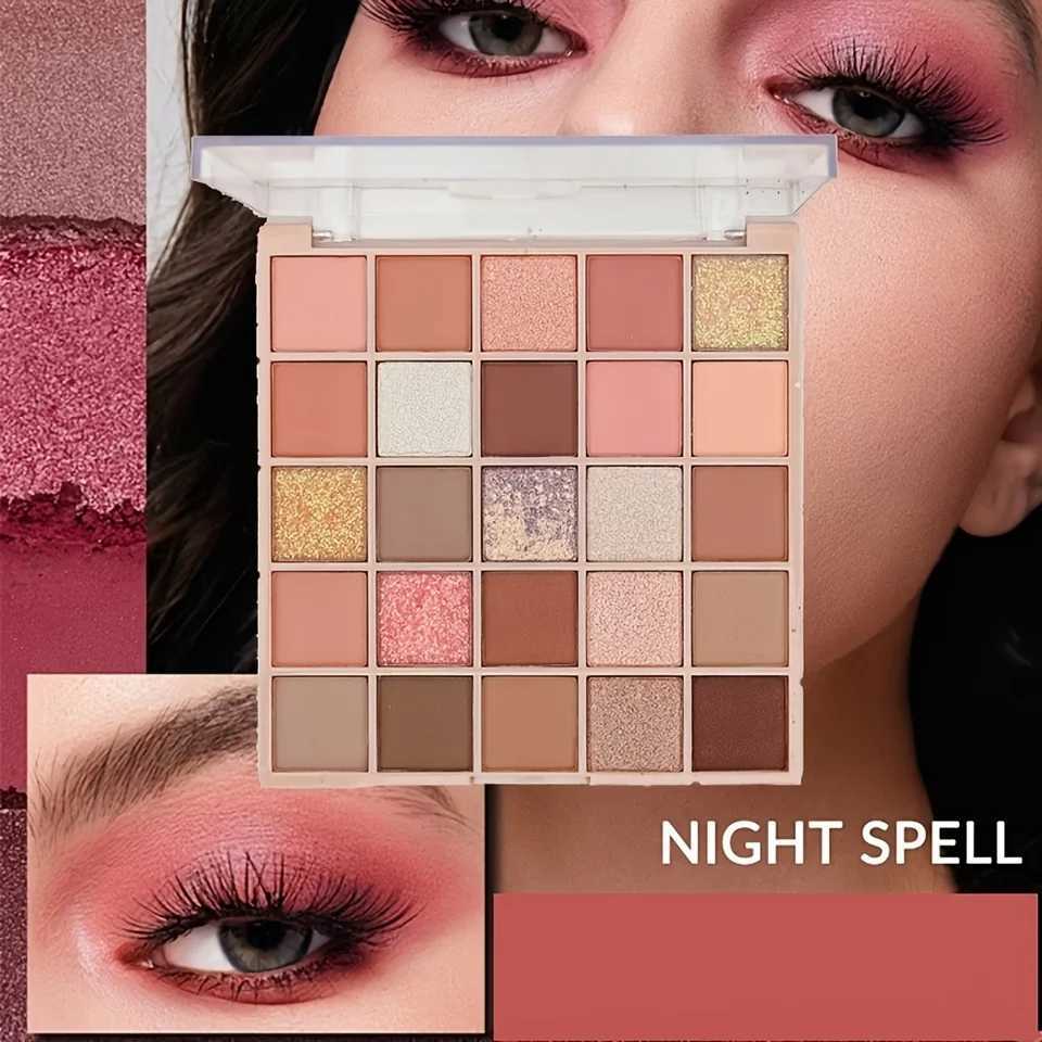 25-Color Eyeshadow Palette - Neutral Brown and Rose Nude Shades Matte Glitter and Pearlescent Finishes Suitable for Everyday Smoky Eye and Party Looks