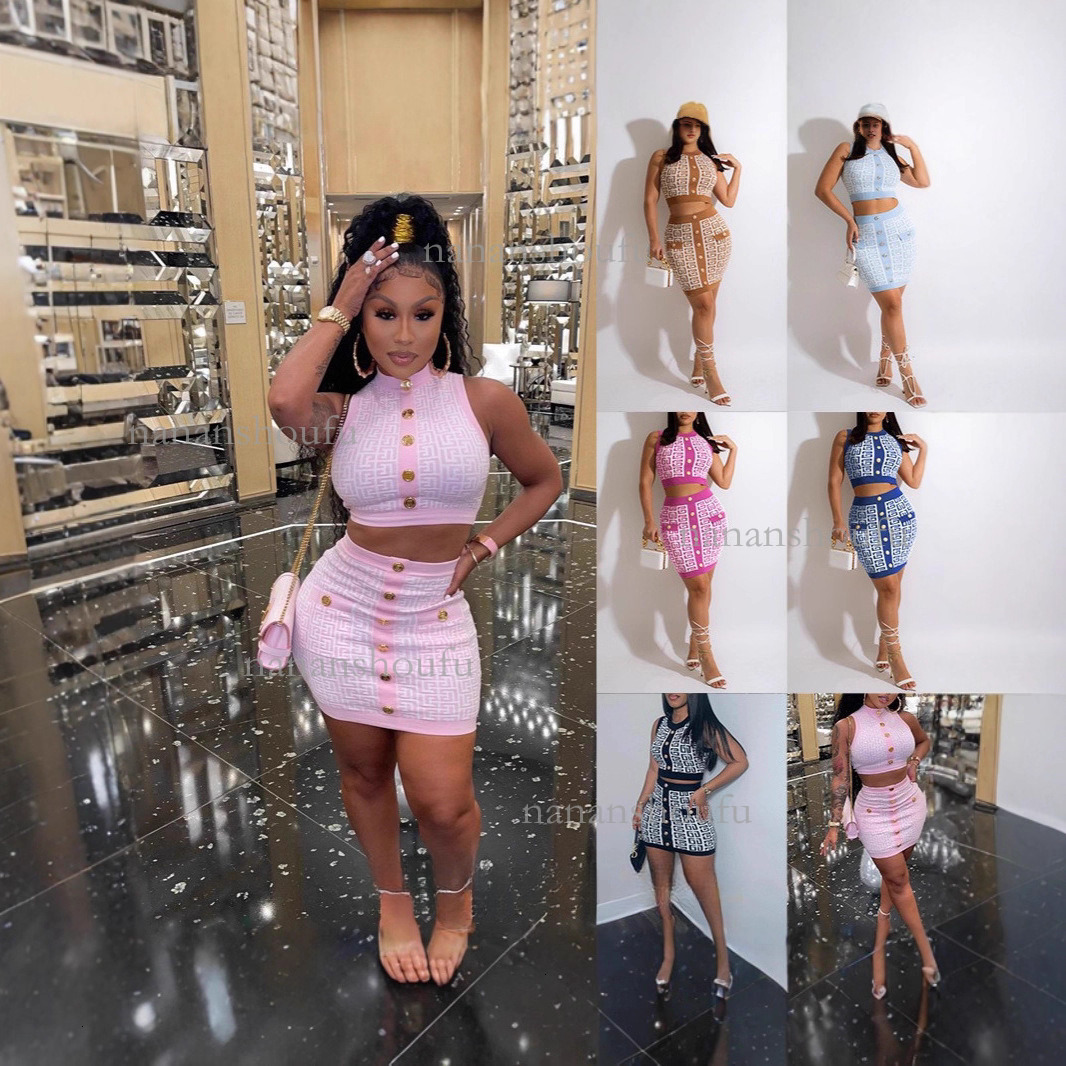 2026 Designer Set European And American Fashion Luxury Round Neck Sleeveless Waist Knitted Tank Top Geometric Stripe Sexy Short Skirt Set Trendy Women