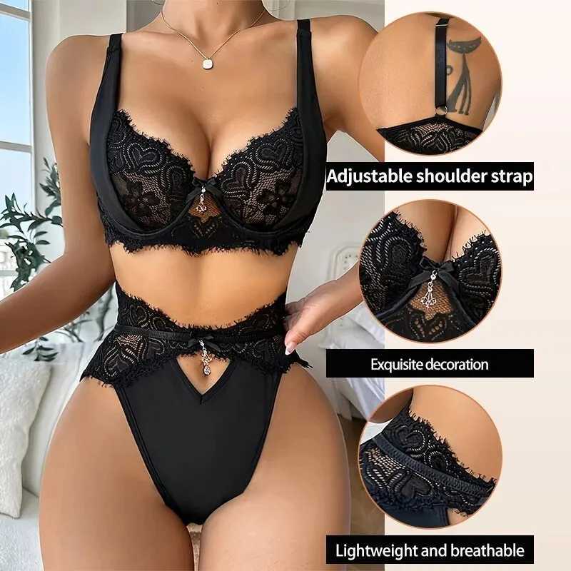 Womens Lace Lingerie Set with Black Lace Patchwork and Pendant Decoration for Women Bra Set Z260402