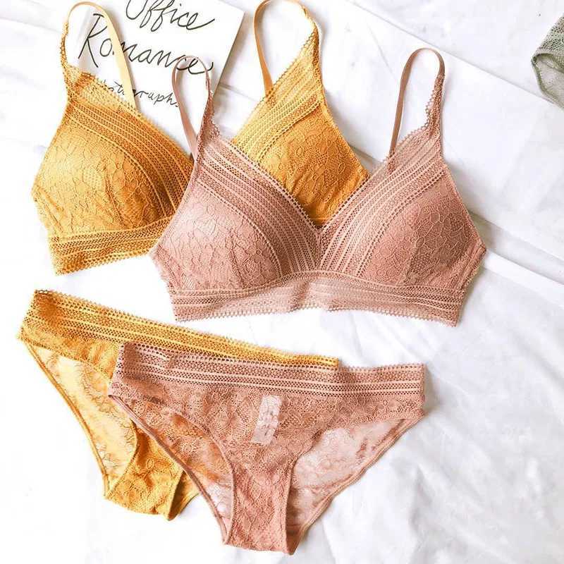 New Women 4 Colour Underwear French Wire-Free Ultra-thin Bralette Lace Triangle Cup Push Up Bra Set Cotton Bra and Panties Z260402