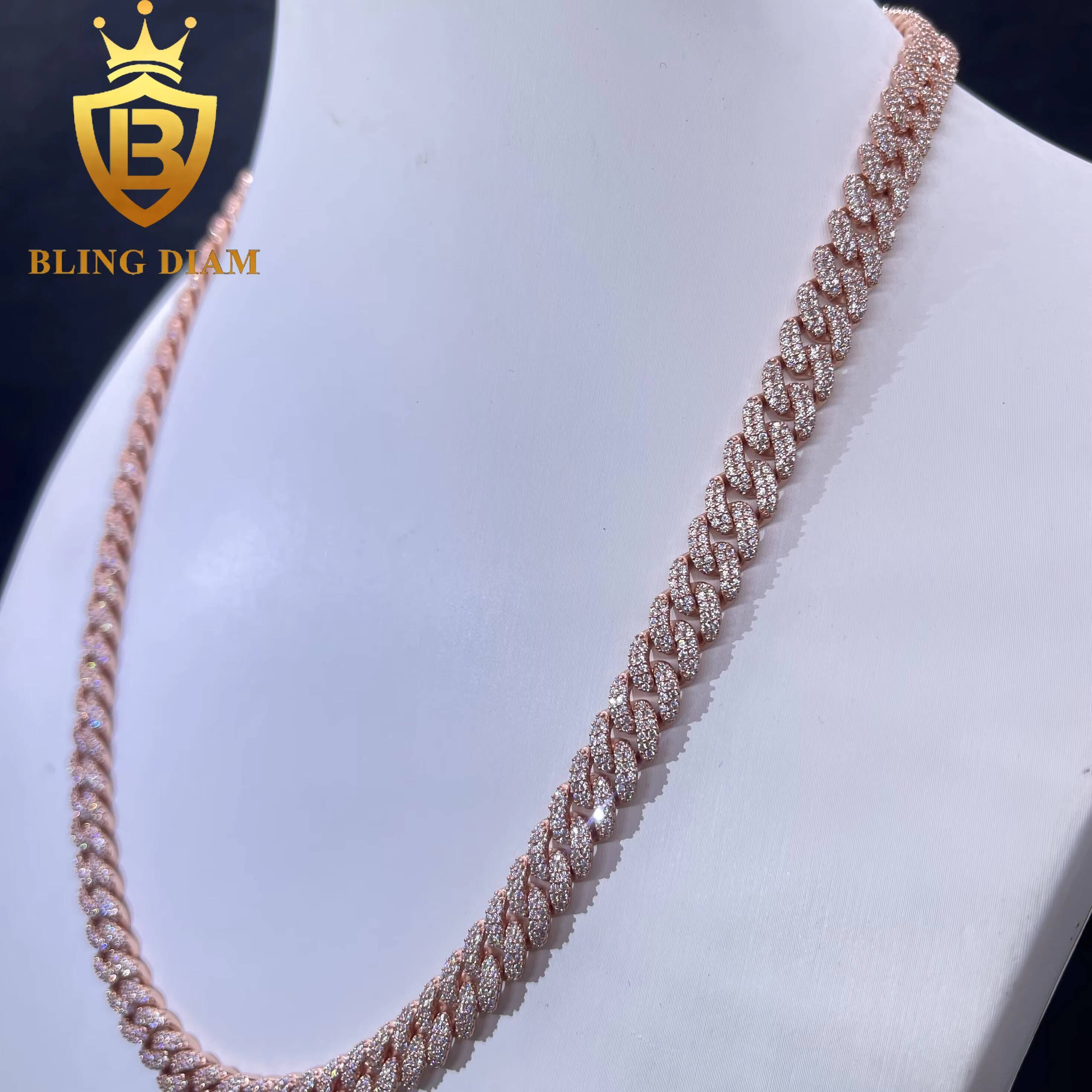 8mm Iced Out Hip Hop Miami Rose Gold Cuban Link Chain Moissanite 925 Sterling Silver Necklace Bracelet Set for Men