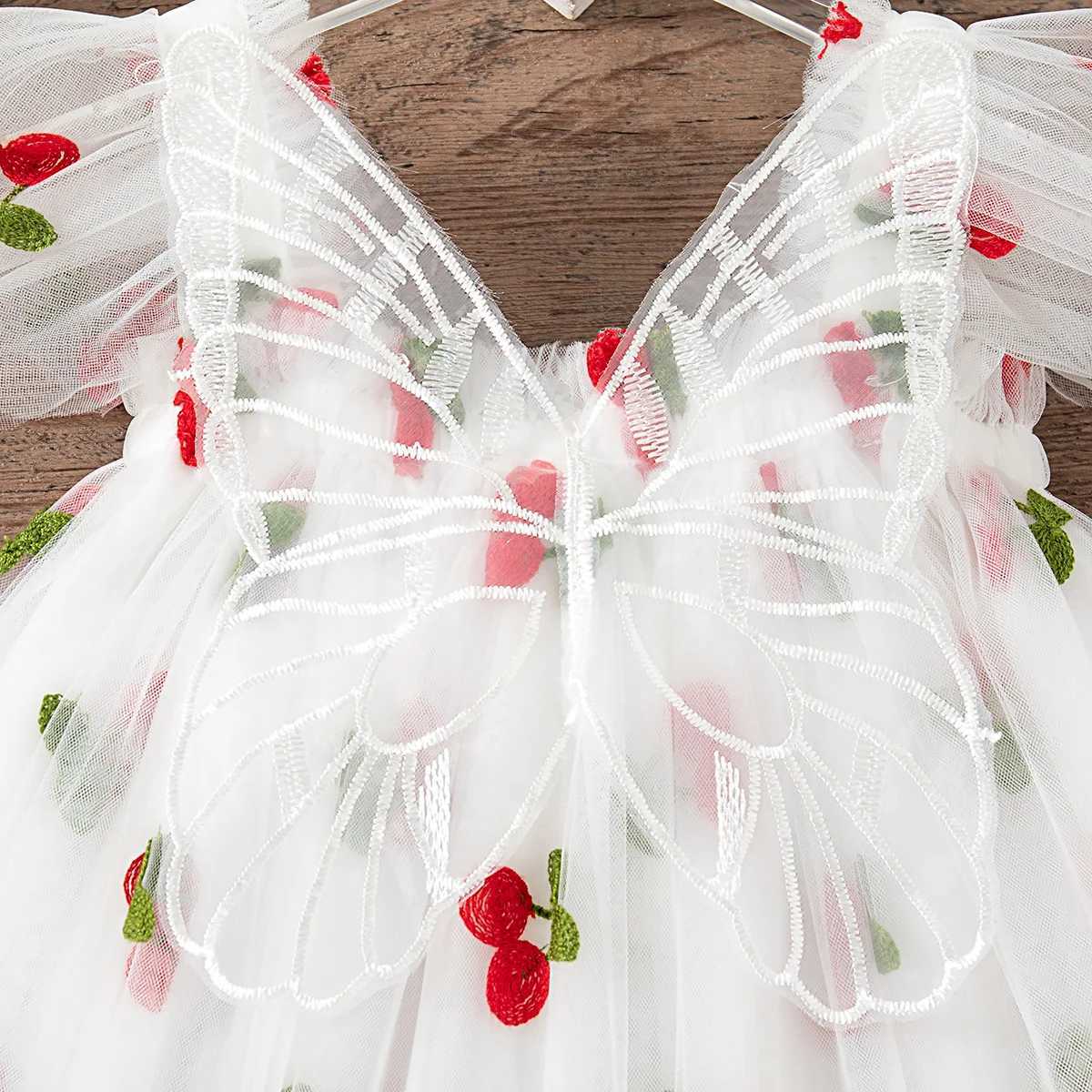 Baby Girl Dress Summer Mesh Cherry Girl Dress Cute Back Wings Wedding Flower Girl Dress Baby Girl Clothing H260407