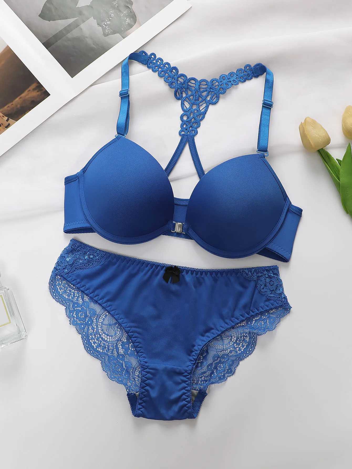 Ladies black red blue with steel rims front buckle beautiful back pull up bra underwear set A2128 Z260402