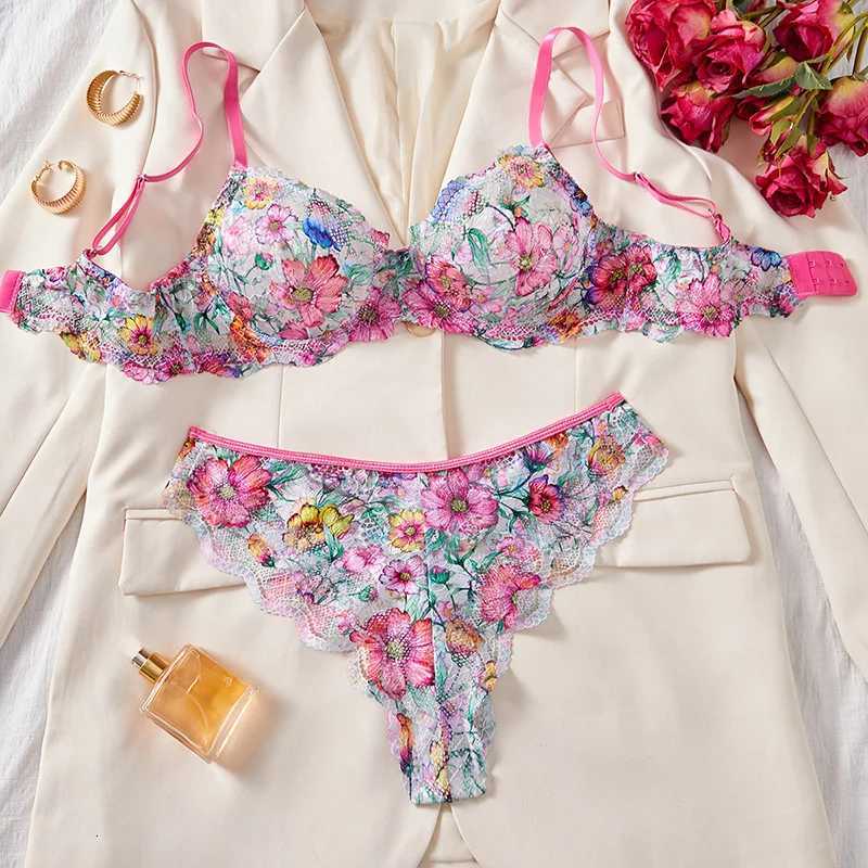 Female Lingerie Sweet Print Mesh Underwear Beautiful Floral Bra Panty Set Summer Intimate Lingerie Ultra Bralette Set Z260402