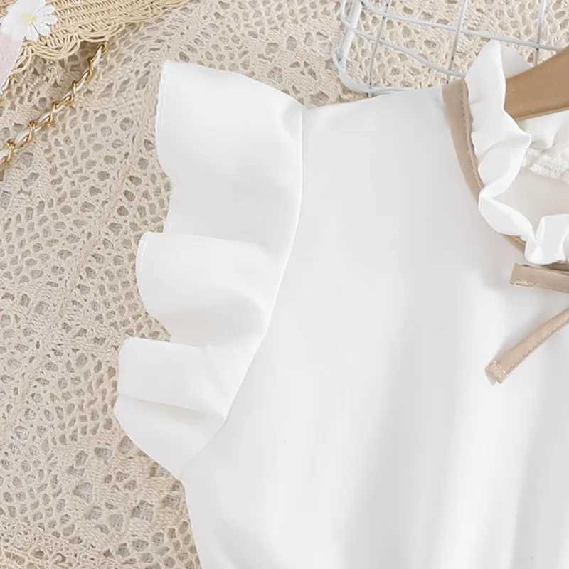 Sweet and elegant dress with lace collar and flying sleeves for girls aged 4-13 pleated skirt with belt included for summer H260402