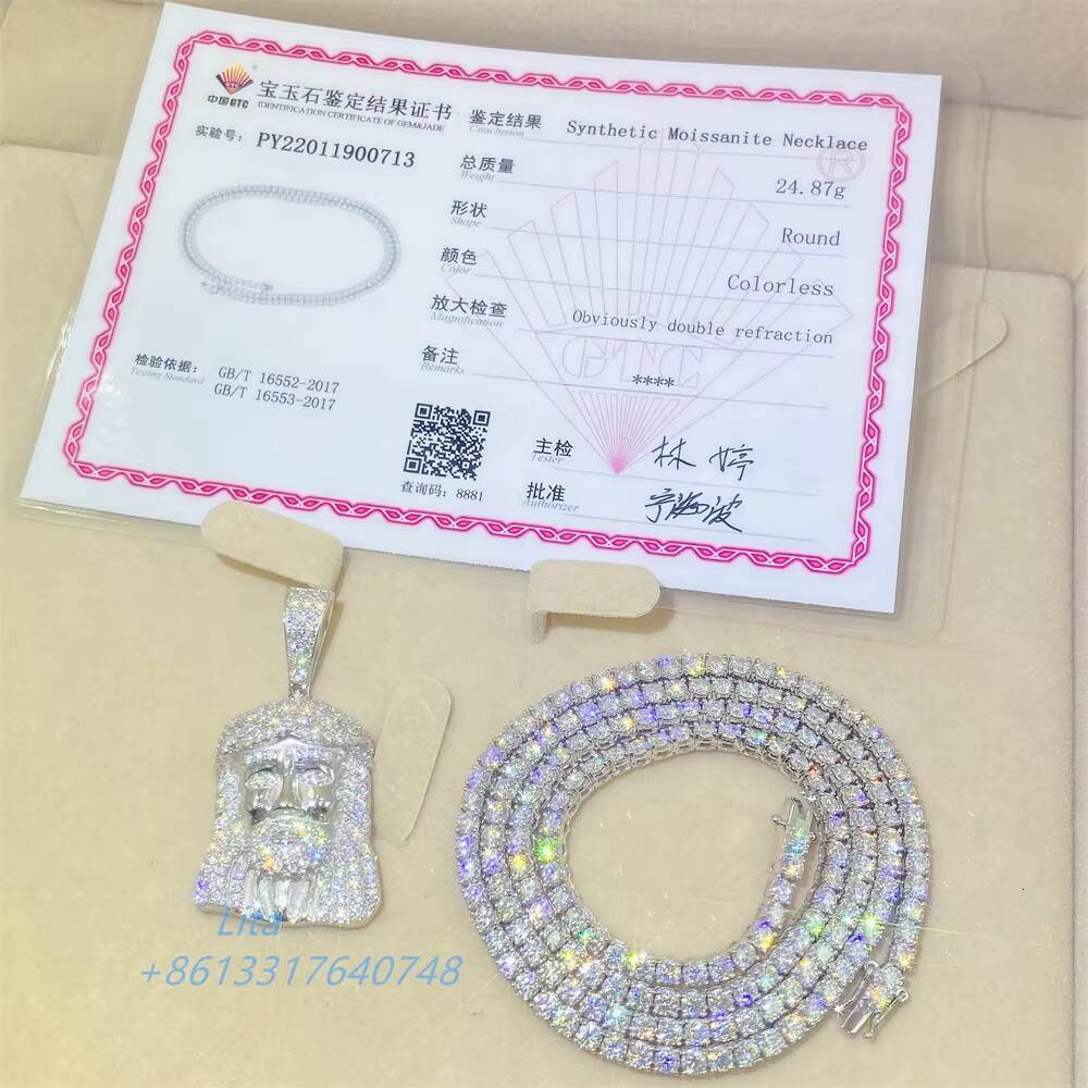 Custom High Quality Iced Out Bling Pass Diamond test 10k White Gold 3mm Moiassanite Diamond Tennis Chain Necklace