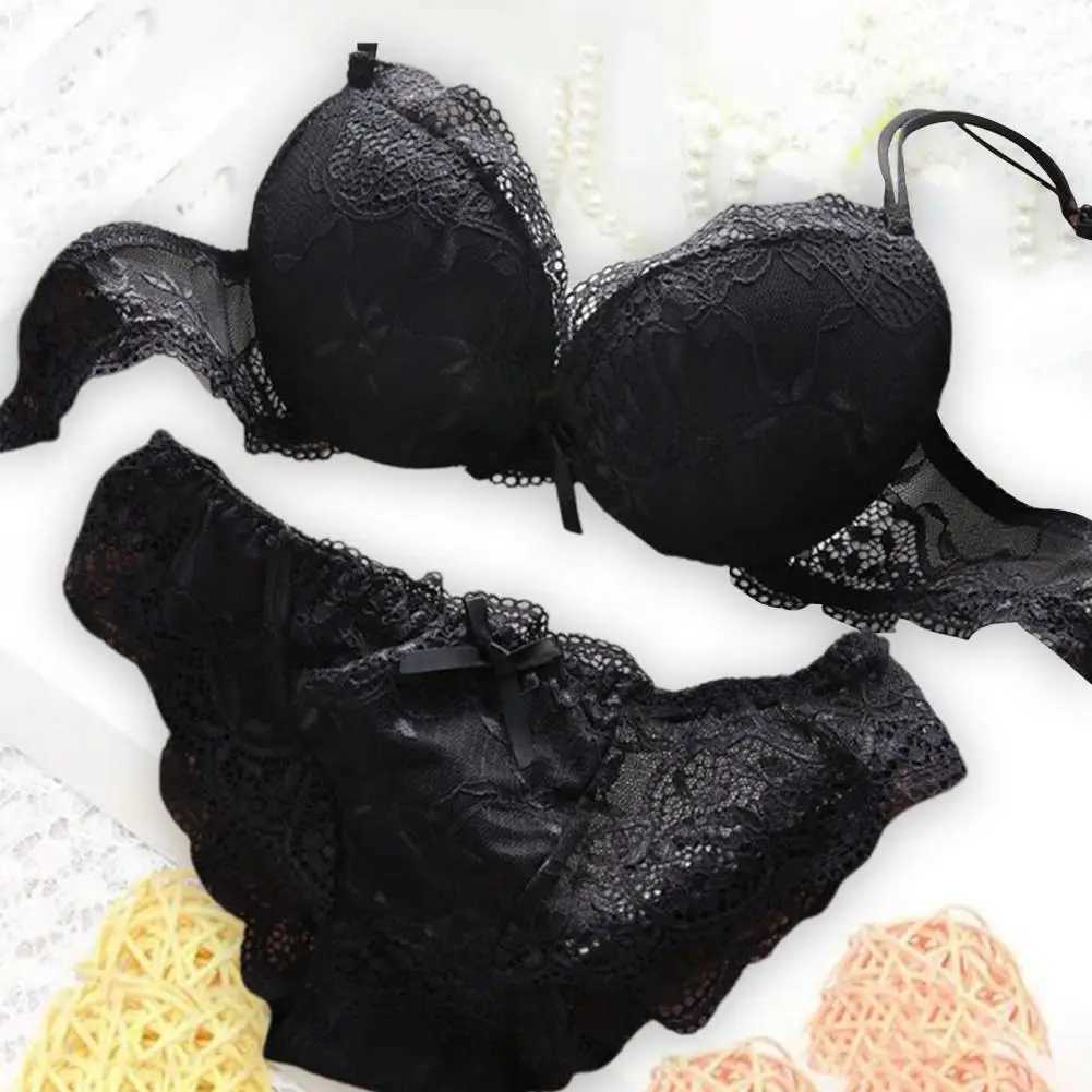 2 Pcs/Set Women Underwear Set Bra Panties Set Lace Push Up Elastic Deep V Neck Solid Color Soft Padded With Wire Bow-knot Back C Z260402