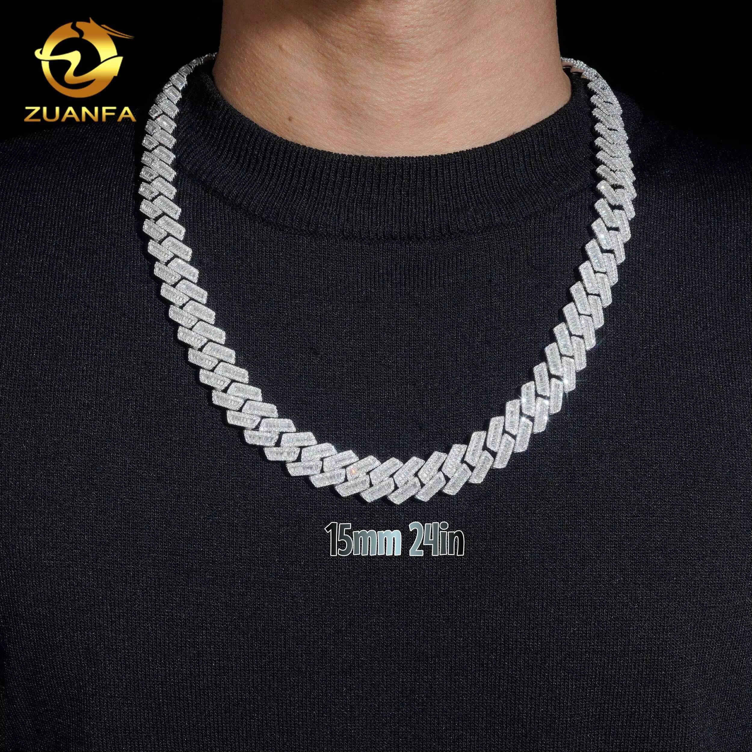 GRA Certified 15mm Baguette Moissanite Chain Cuban Links 925 Silver Cuban Link Chain Moissanite Iced Out Necklace