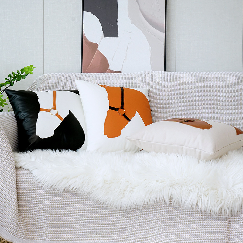 Pillowcase Nordic Light Luxury Pu Leather Ins Style Horse Head Design For Living Room Sofa Model Room Car Lumbar Pillow