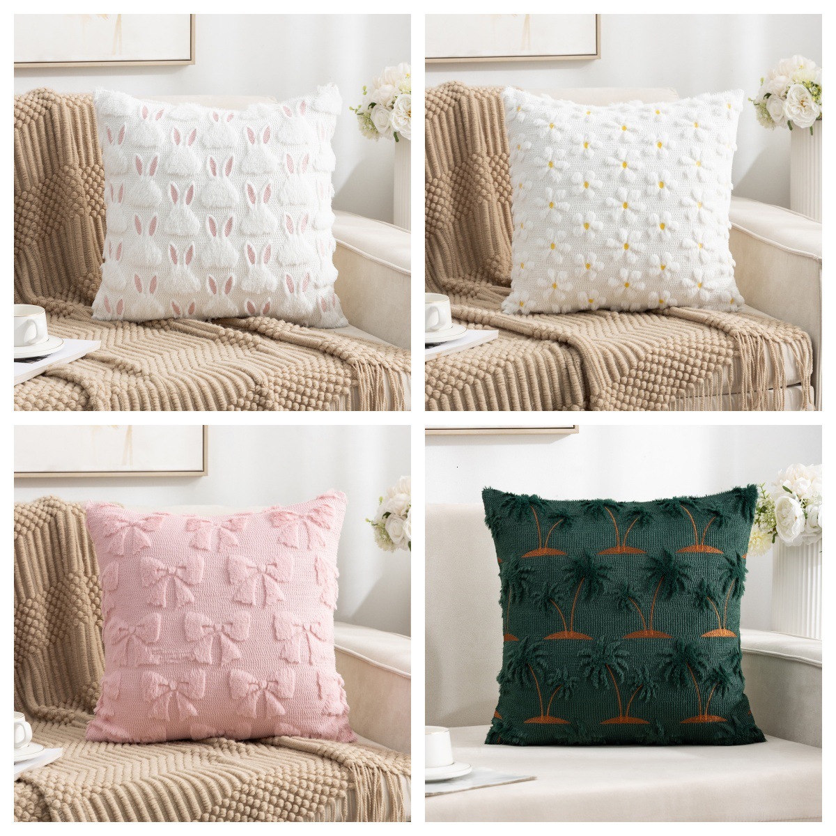 Pillowcase New Quilted Embroidered Rabbit Shaped Fur Sofa Pillowcase No Insert Office Back Cushion Bedside Pillow Pink Bow Tie