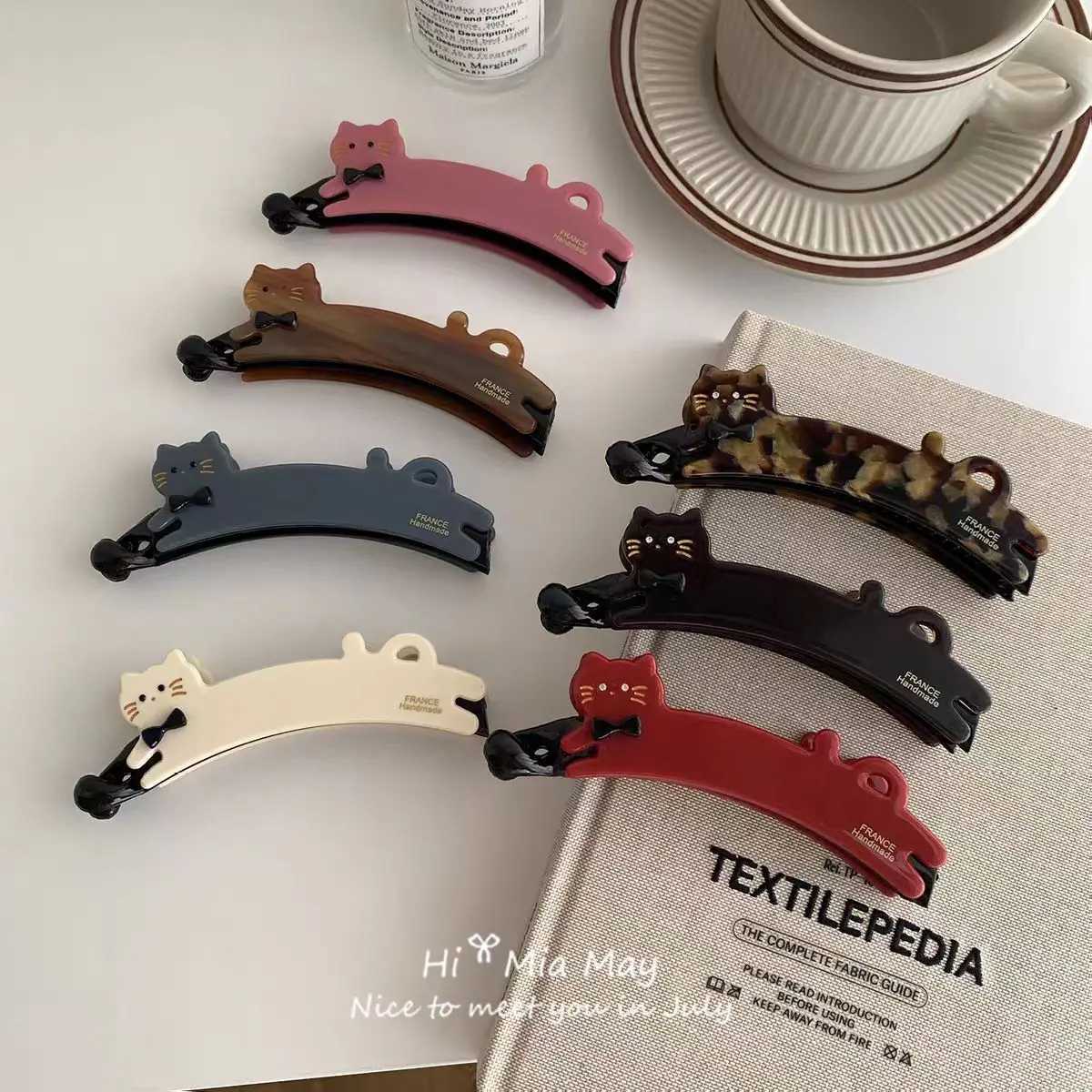 Korean-style cat-shaped acetate hair clip for women back-of-the-head vertical clip ponytail hairpin high-end look banana clip H260402