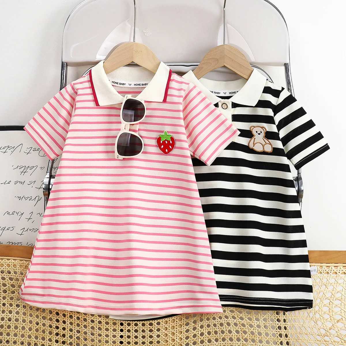 2025 New Childrens Dress Girls Summer Korean Edition Fashion Casual Striped Collar Short sleeved Dress1-10Y H260402
