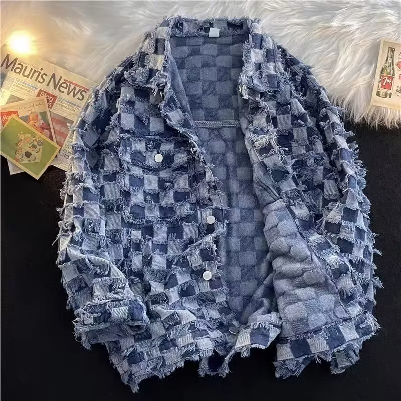 Luxury Brand Designer Clothes Checkered Denim Jacket For Men And Women, Spring And Autumn, American High Street Style, Trendy Vintage Design, Loose Fi