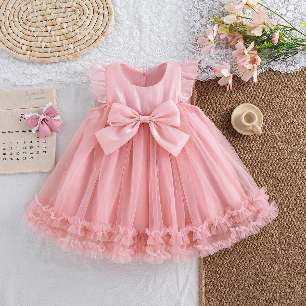 Summer New Sweet Bow Baby Girl Princess Dress Solid Color Chiffon ChildrenS Clothing For Birthday Parties 9 Months -4 Years H260402