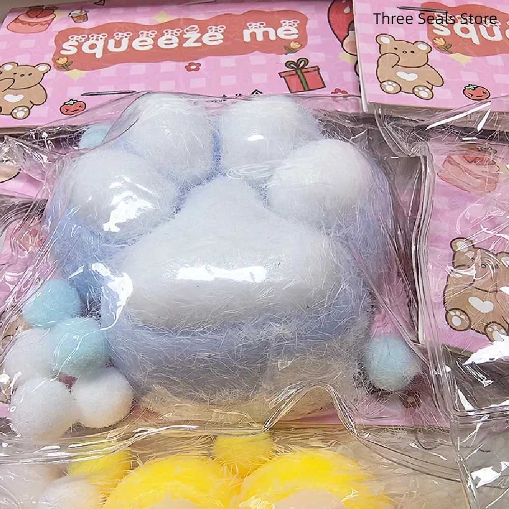 Squeeze Cats Paw with Fur Stress Relief Squishy Fidget Toy Mini Kawaii Plush Silicone Sticky Decompressing Pinching Cat Foot H260402
