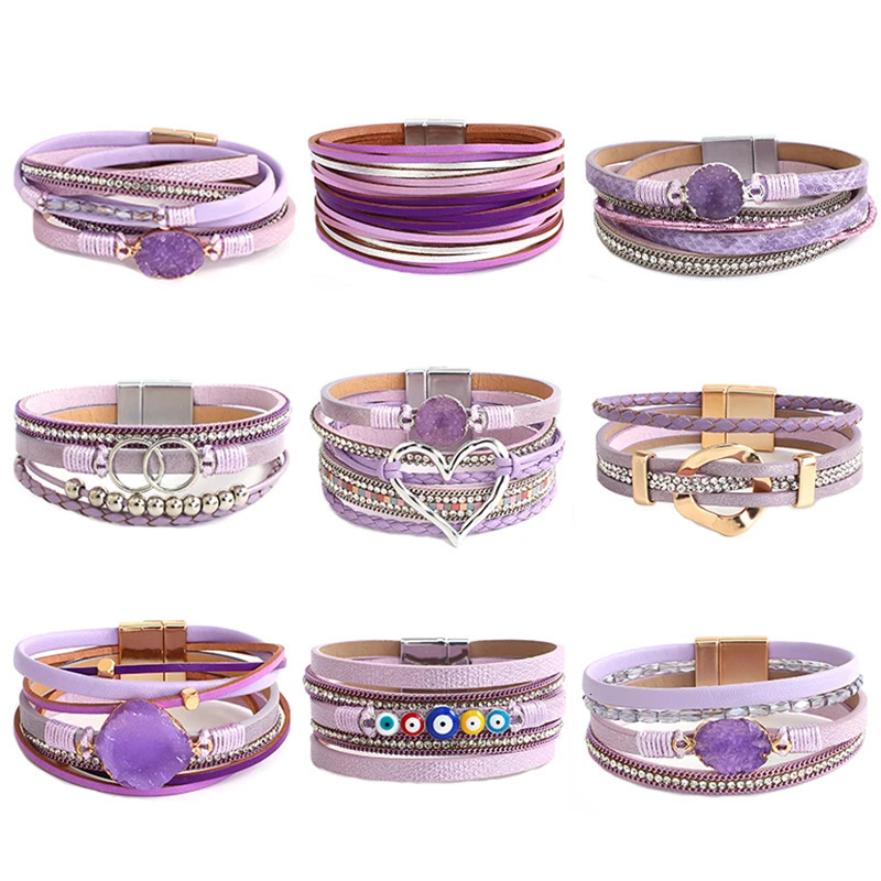 ALLYES Elegant Purple Leather Bracelets for Women Men Bohemian Charm Crystal Beads Heart Bracelet Cuff Bangles Jewelry Gifts 260318BJ - view 3