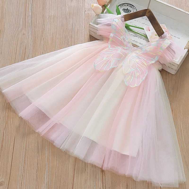 Baby Girls Dress for 1 to 5 Years Fly Sleeve Cute Princess Butterfly Mesh Dress 2024 New in Dress Rainbow Summer Dress for Girls H260402