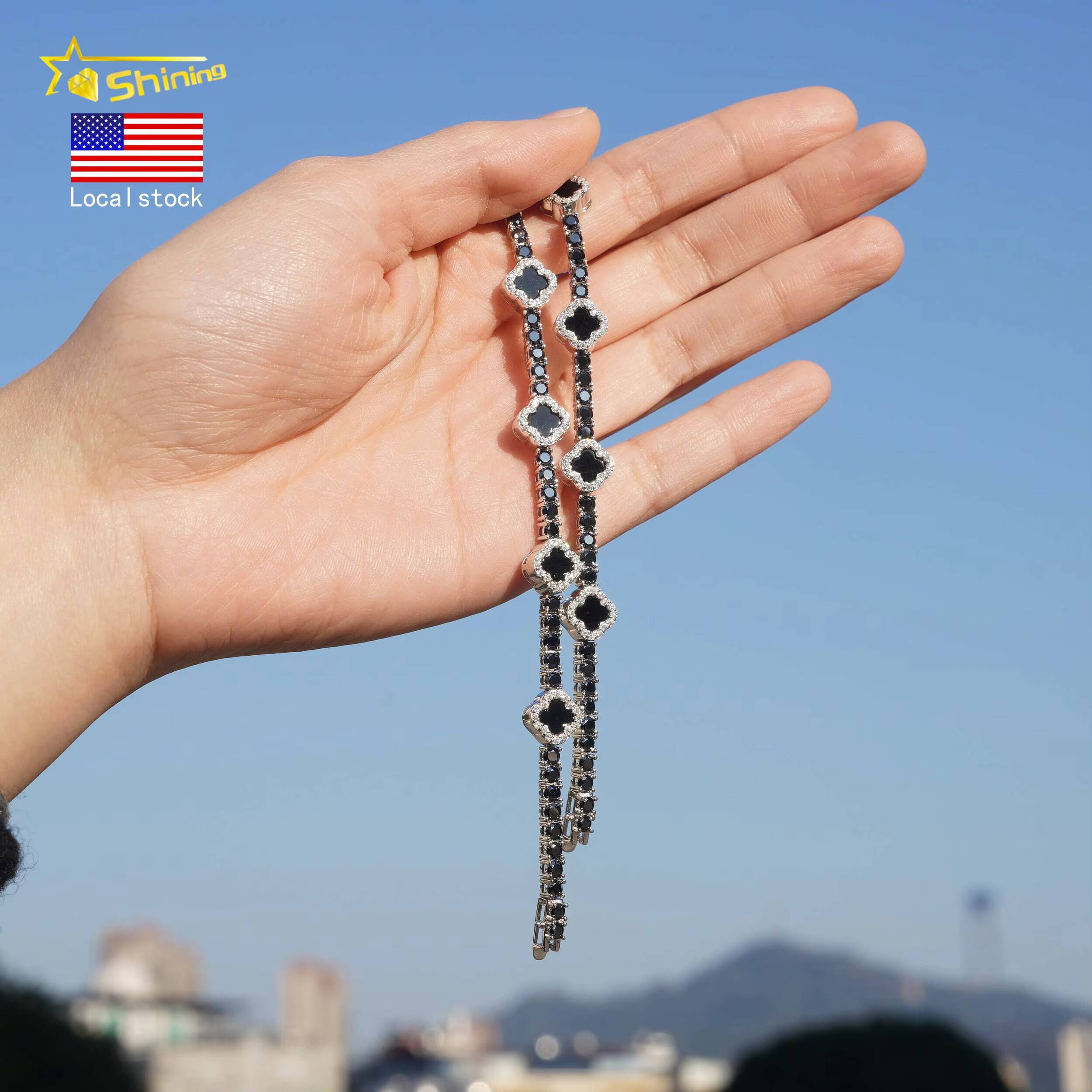 USA Warehouse Local Stock3mm Moissanite Bracelet 925 Solid Silver Hip Hop Iced Out GRA Moissanite Black Clover Tennis Bracelet
