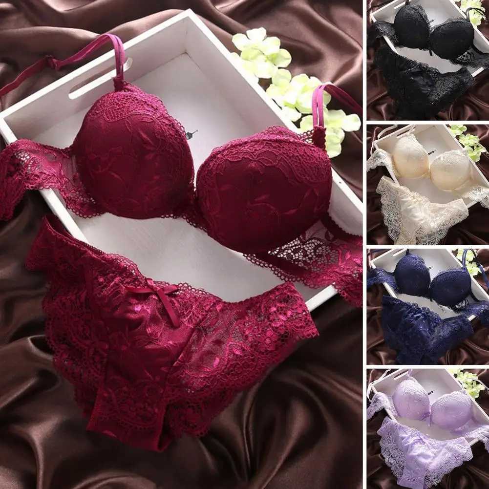 2 Pcs/Set Women Underwear Set Bra Panties Set Lace Push Up Elastic Deep V Neck Solid Color Soft Padded With Wire Bow-knot Back C Z260402