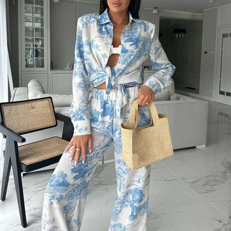 Women's Elegant Long Sleeve Loose 2 Piece Set New Autumn Pattern Printed Shirt Suit Casual Elastic Waist Straight Pants Outfit Asia Size