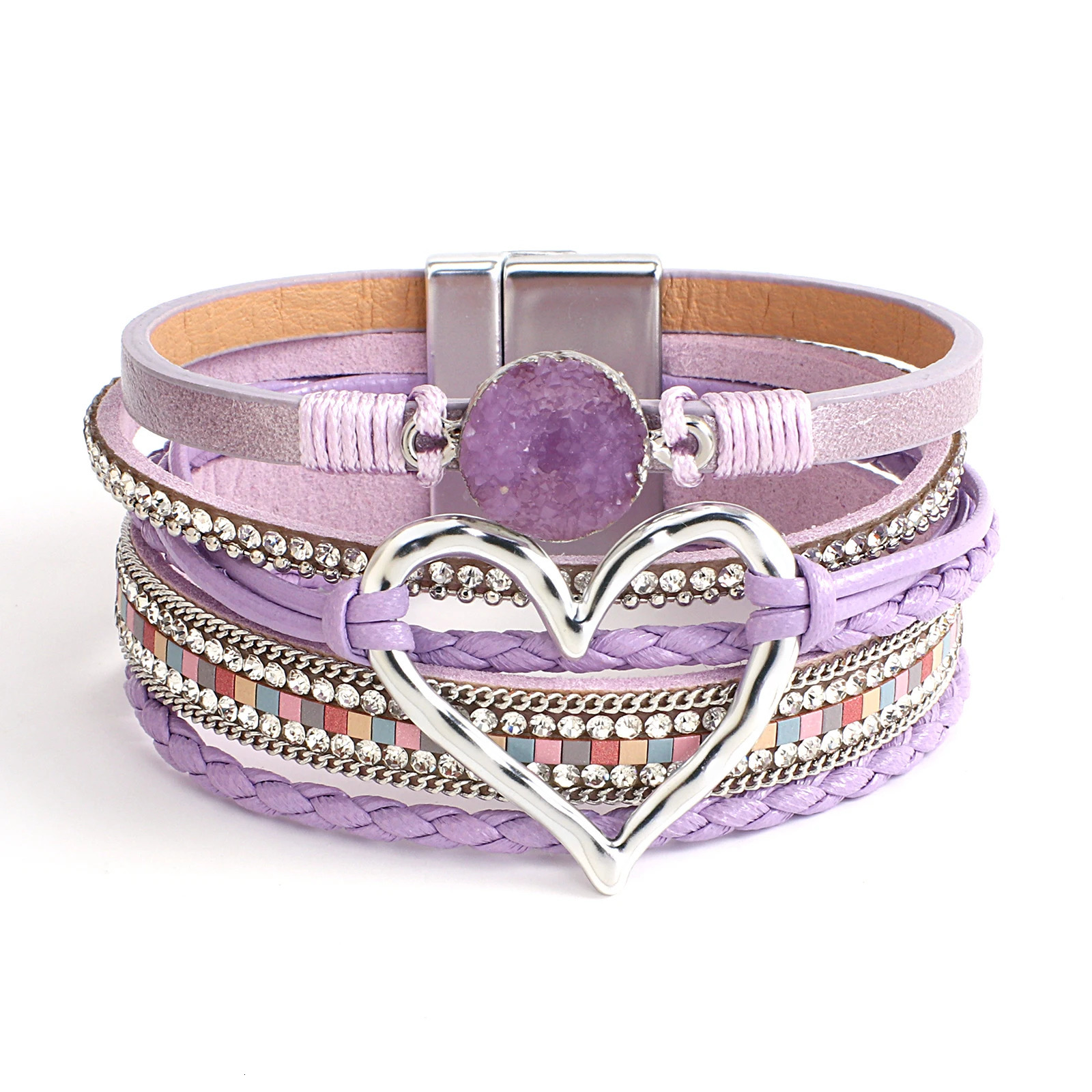 ALLYES Elegant Purple Leather Bracelets for Women Men Bohemian Charm Crystal Beads Heart Bracelet Cuff Bangles Jewelry Gifts 260318BJ - view 5
