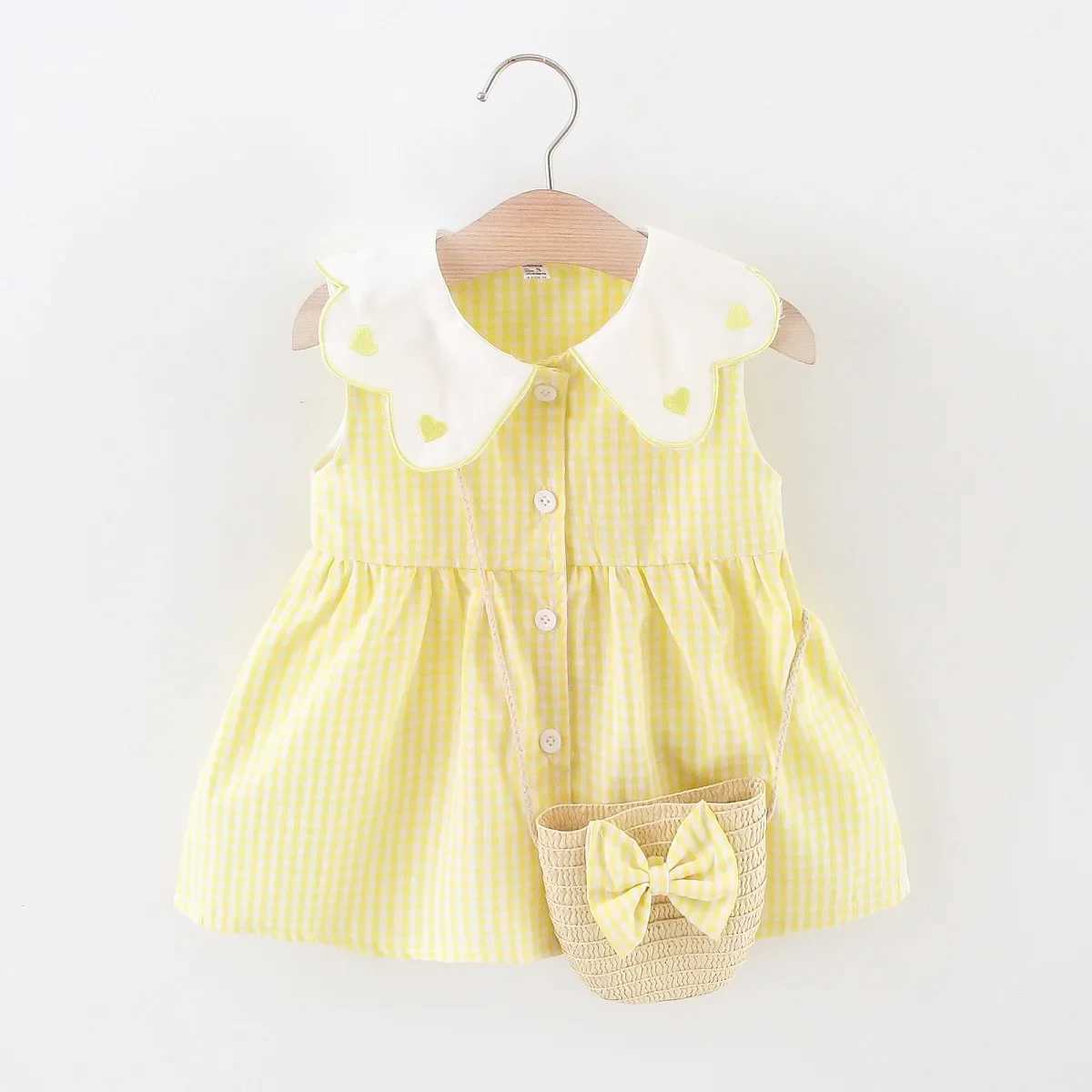 2PCS/SETSummer Girls Dress New Foreign Trade Sweet Love Embroidered Lapel Simple Plaid Tank Top Skirt Strap Bag H260402