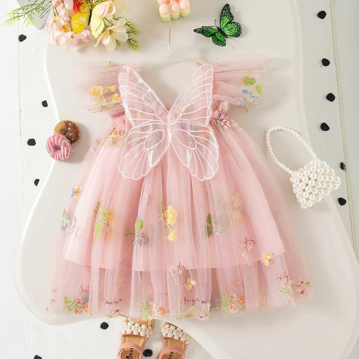 Summer New Sweet Butterfly Wing Baby Girl Princess Dress Floral Chiffon Wedding Party ChildrenS Sleeveless Clothes 0-4 Years H260402
