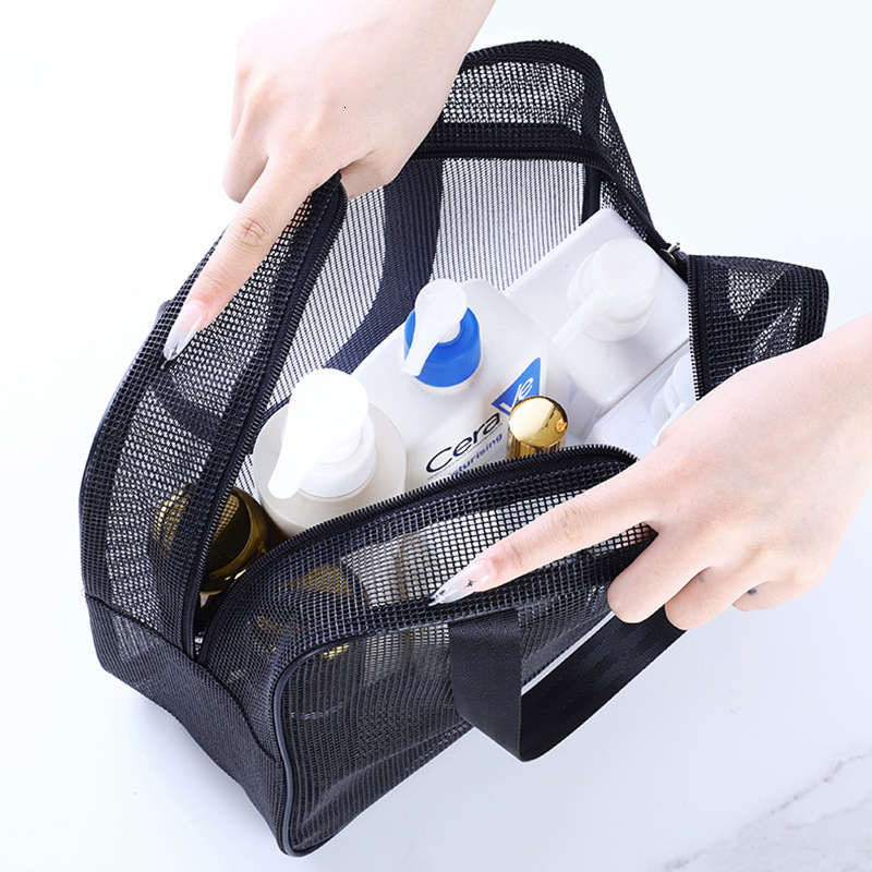 Mesh Mens Toiletry Bag Portable Handheld Bath Storage Makeup Bag Black Leakproof Fitness Shower Pouch Bath Bag250222