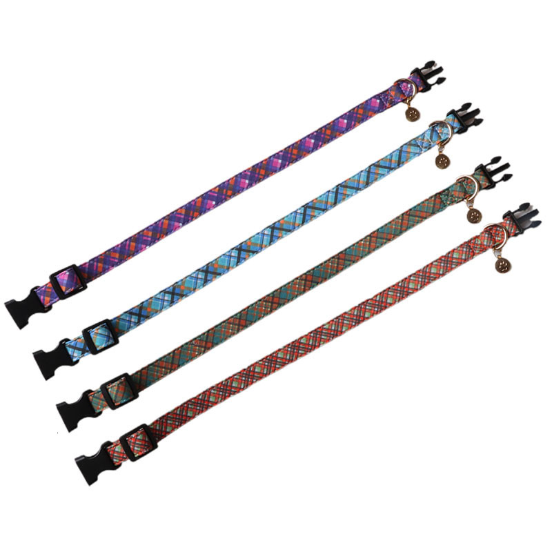 Pet Collar Dark Quilted Plaid Print British Style With Metal Pendant Plastic Buckle Adjustable Collar For Dogs