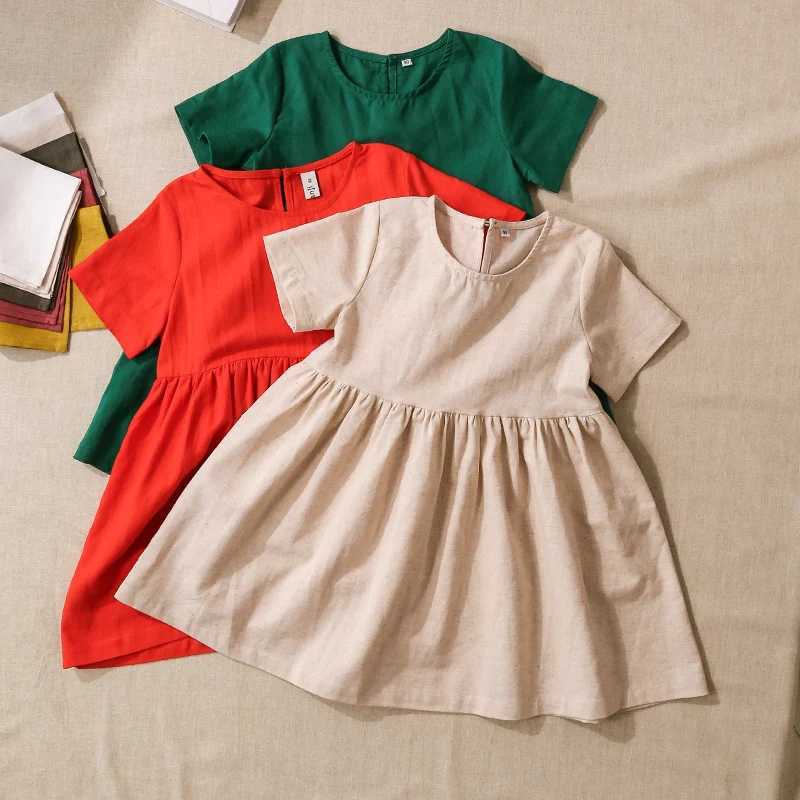2026 Summer New Girls Linen Dress Retro Literary Cotton And Linen Short-Sleeved Pleated Dresses Childrens Clothing H260402
