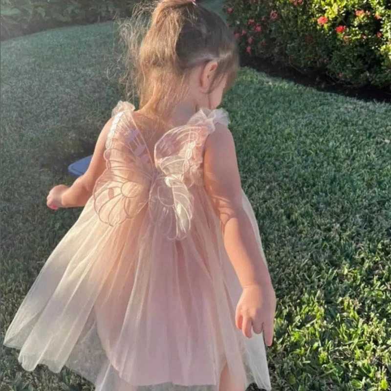 Summer 3D Angel Wings Fairy Princess Tulle Dress Birthday Strap Dress For Baby Girl Clothes Mesh Tutu Dresses Kid Party Costume H260402