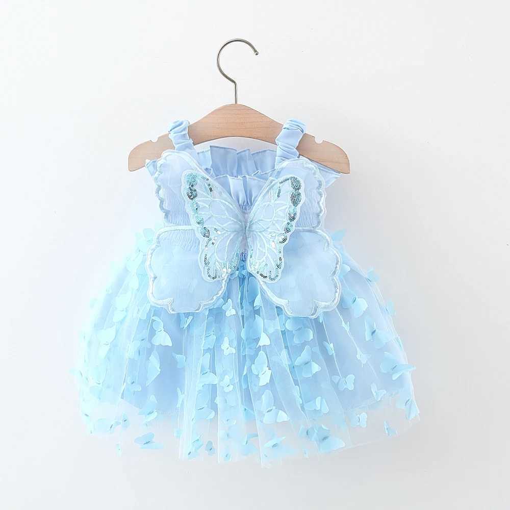 Summer 0-3 Girls Dress Solid Color Butterfly 3D Mesh Splicing Butterfly Wings Strap Fluffy Dress H260402