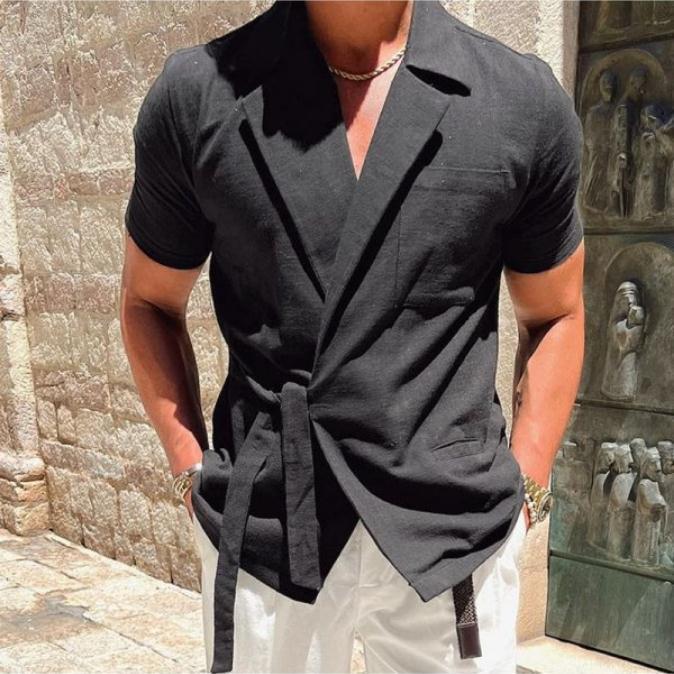 INCERUN Men T Shirt Solid Color V Neck Short Sleeve Summer Casual Male Tee Tops Streetwear 2024 Lace Up Fashion Men Clothing 241223